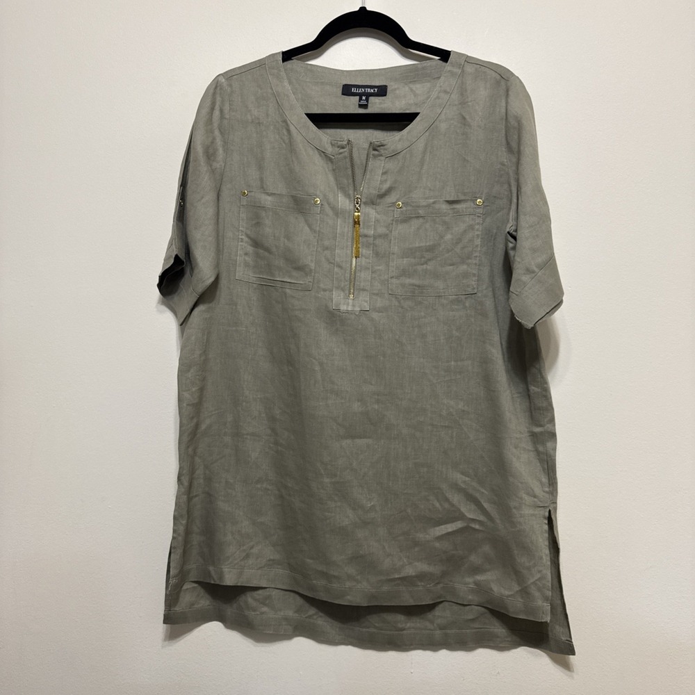 ELLEN TRACY 100% Linen Women M Olive Green Tunic Gold Zipper Short Sleeve Top EX